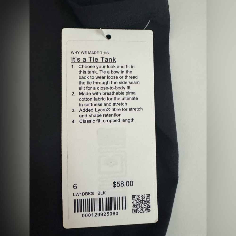 NWT Lululemon Athletica Black “It’s a Tie” Tank Top 6/S - Picture 4 of 7